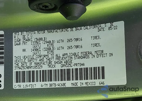 2022 Toyota Tacoma Trd Off Road z USA, uszkodzony, nr VIN 3TMAZ5CN0NM185329